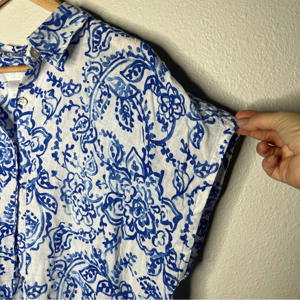Caroline Constas European Blue White Short Cap Sleeve Boxy Fit Button Down Shirt - Picture 3 of 5